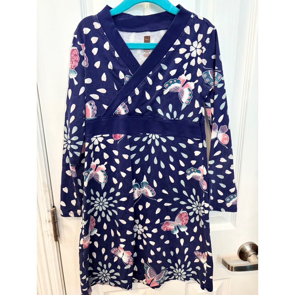 Tea Collection Dress Navy Blue Butterfly Floral Long Sleeve Faux Wrap Cotton 7
